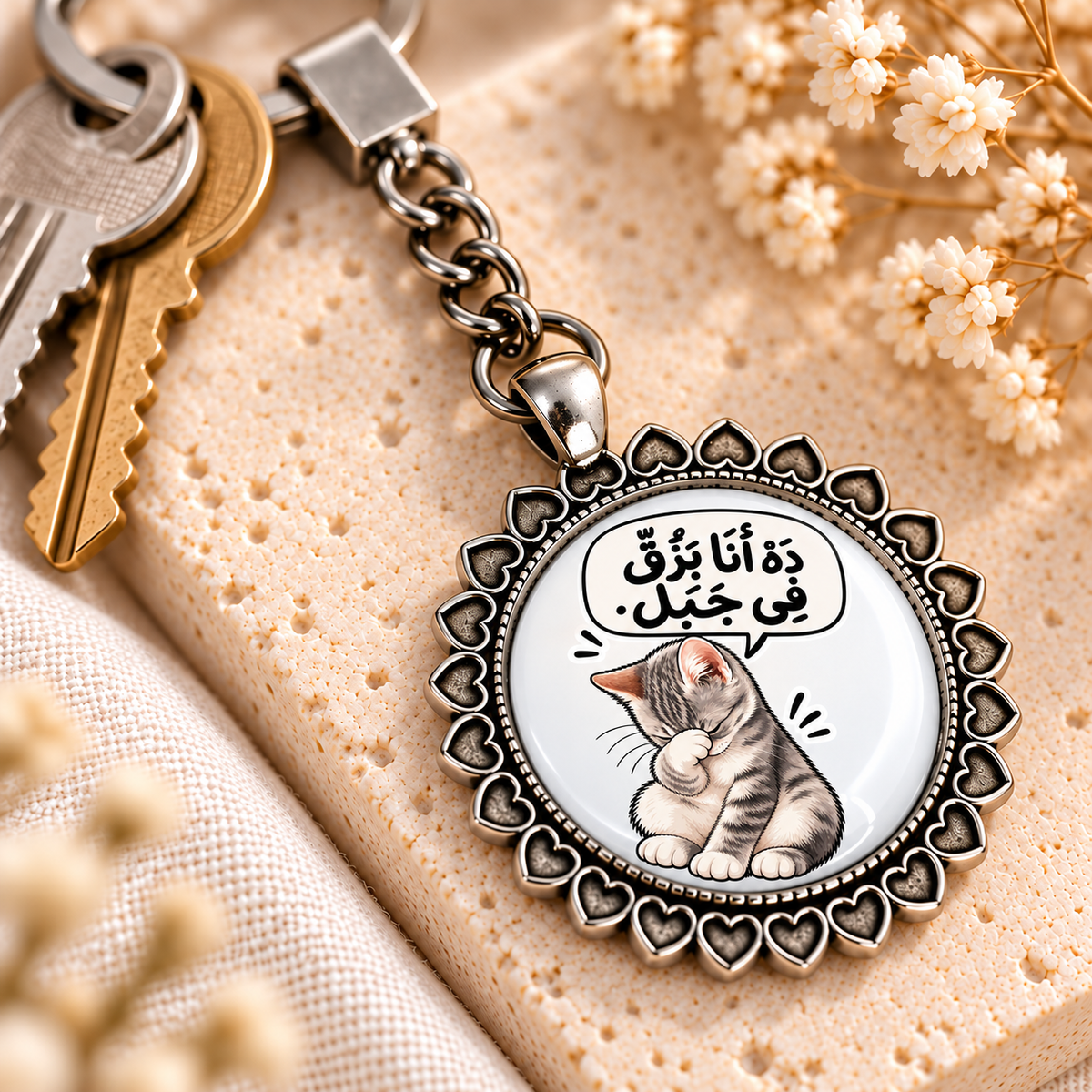 Naughty Cat Comic Glass Dome Keychain | Ornate Heart Border Frame