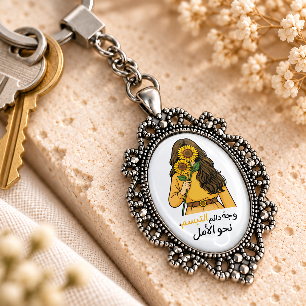 Motivational Sunflower Glass Dome Keychain | Ornate Oval Metal Frame