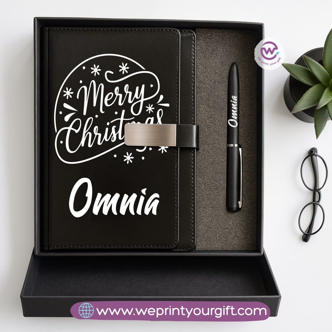 Festive Holiday Leather Gift Set โ Custom Name Notebook & Pen