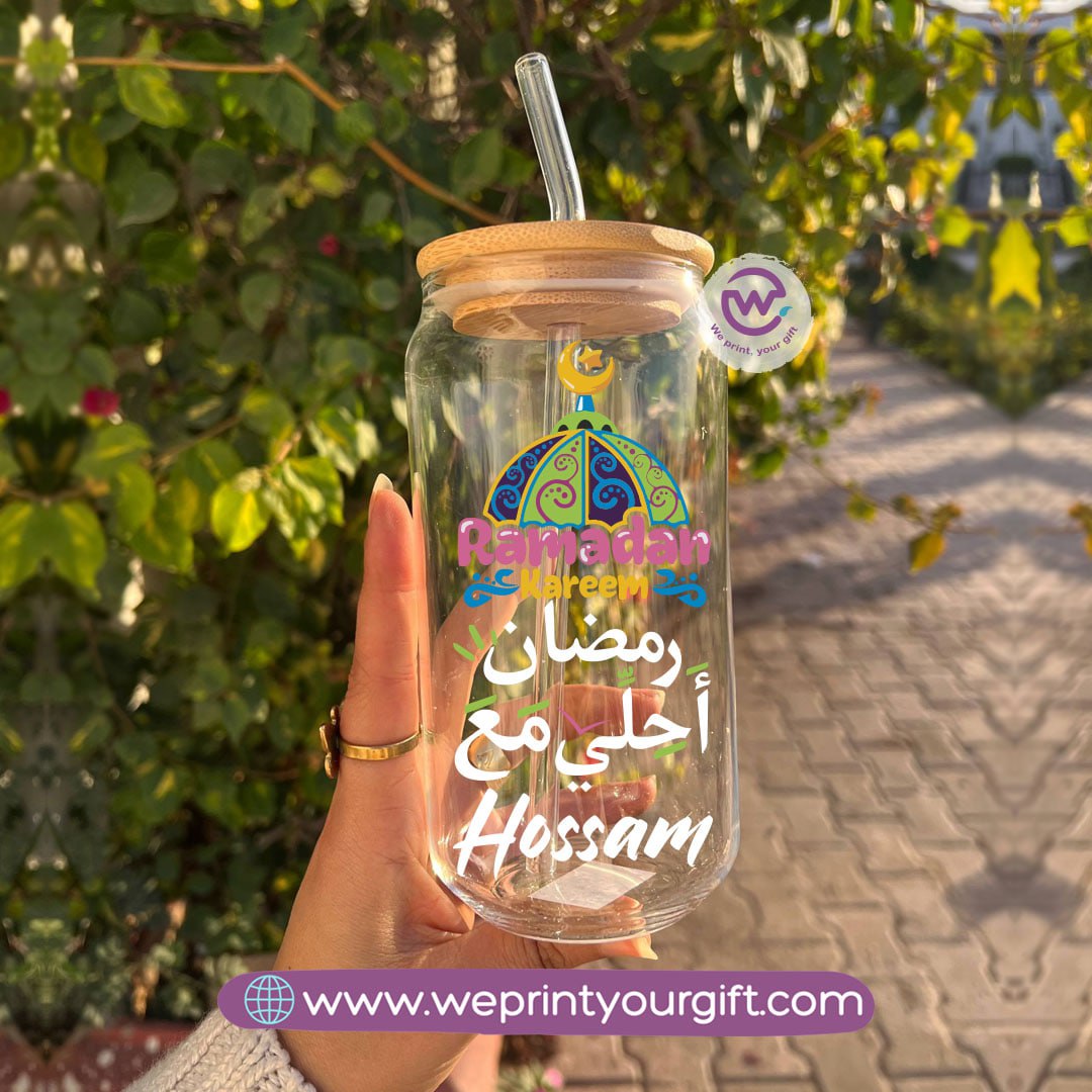 Round Glass Mug with Bamboo Lid & Glass Straw | Ramadan Design