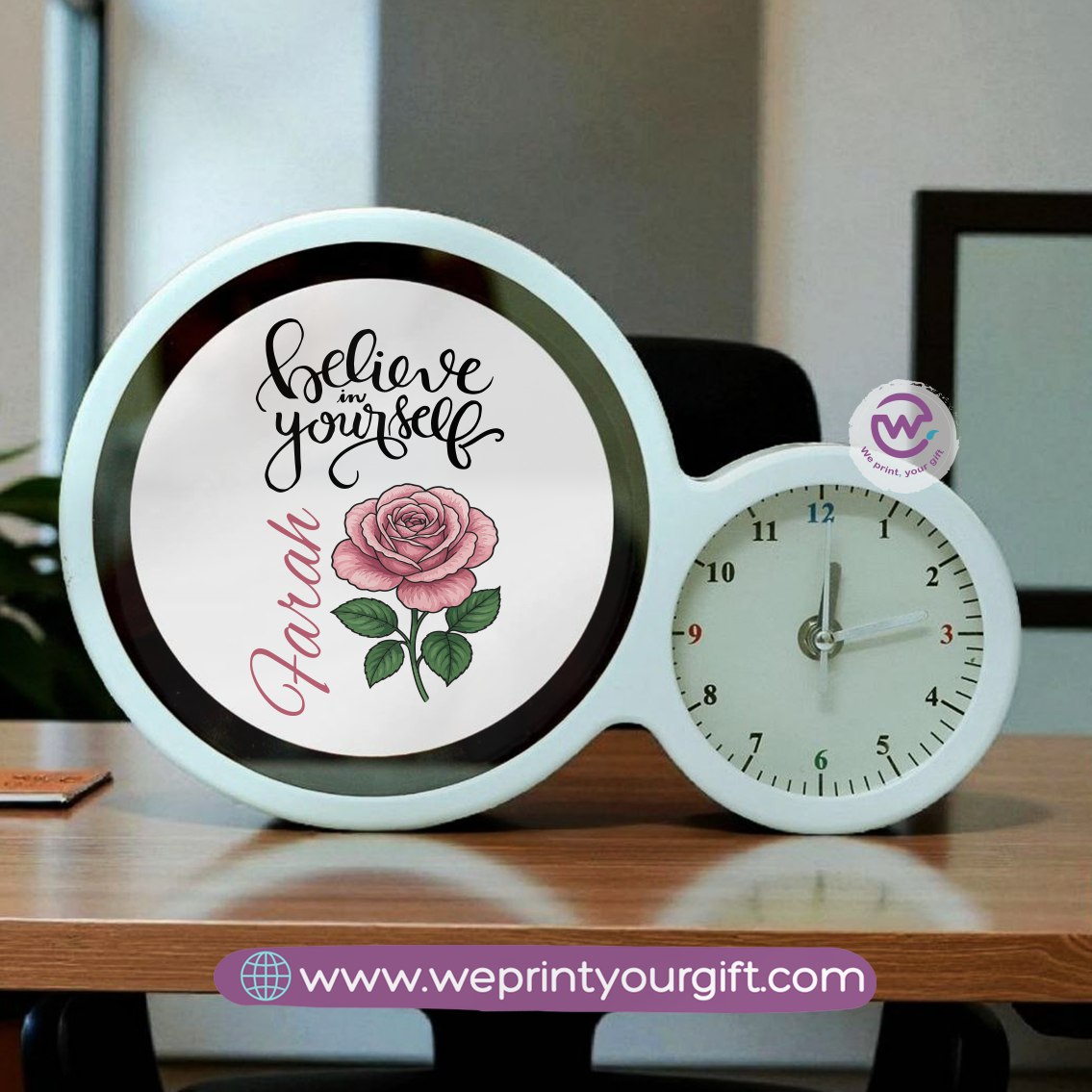 Round Magic Mirror with Clock – Motivational Digital Art Edition