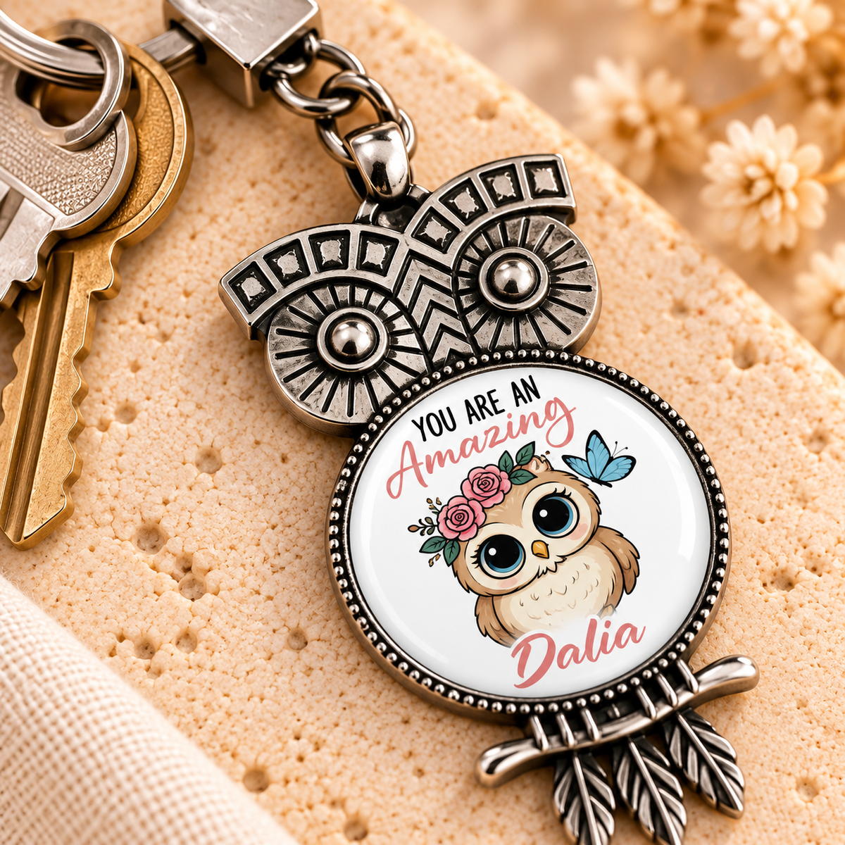 Retro Owl Glass Dome Keychain | Decorative Metal Frame