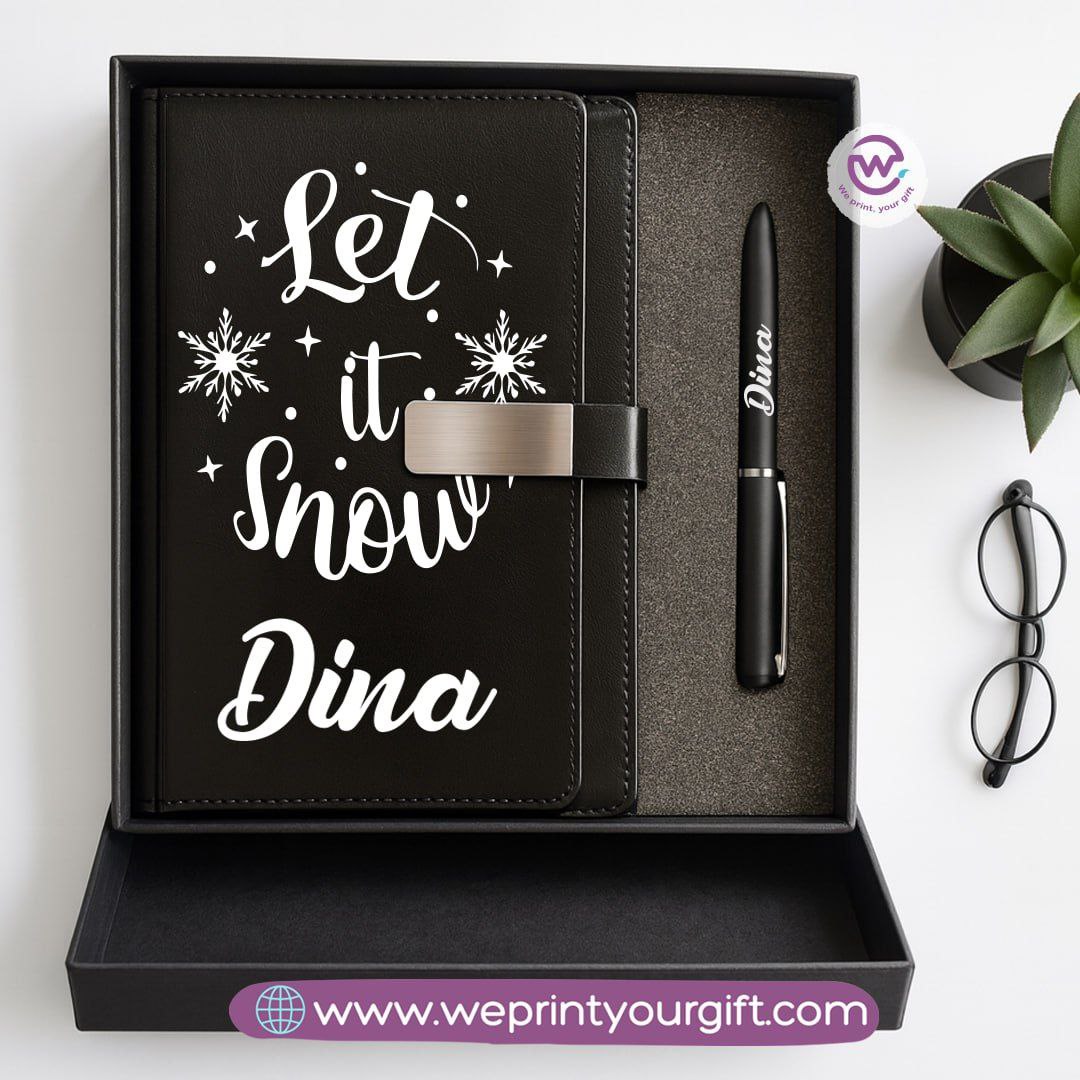 Festive Holiday Leather Gift Set โ Custom Name Notebook & Pen
