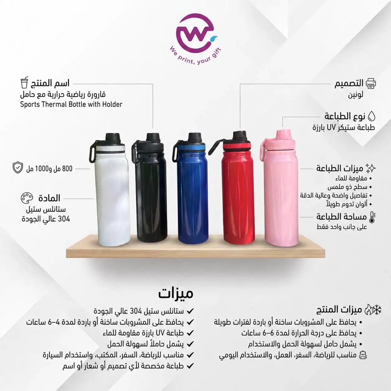 قارورة رياضية حافظة للحرارة – 800 و 1000 مل - خيارات التخصيص