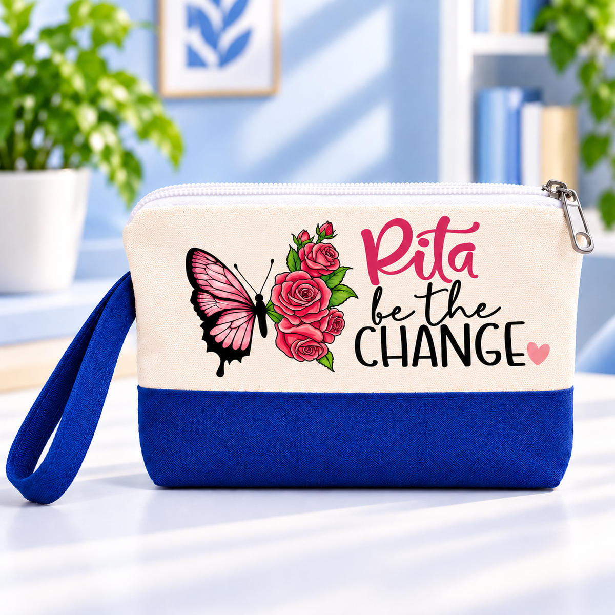 Butterfly Elegance Two-Tone Canvas Pencil Case & Makeup Pouch | With Side Handle