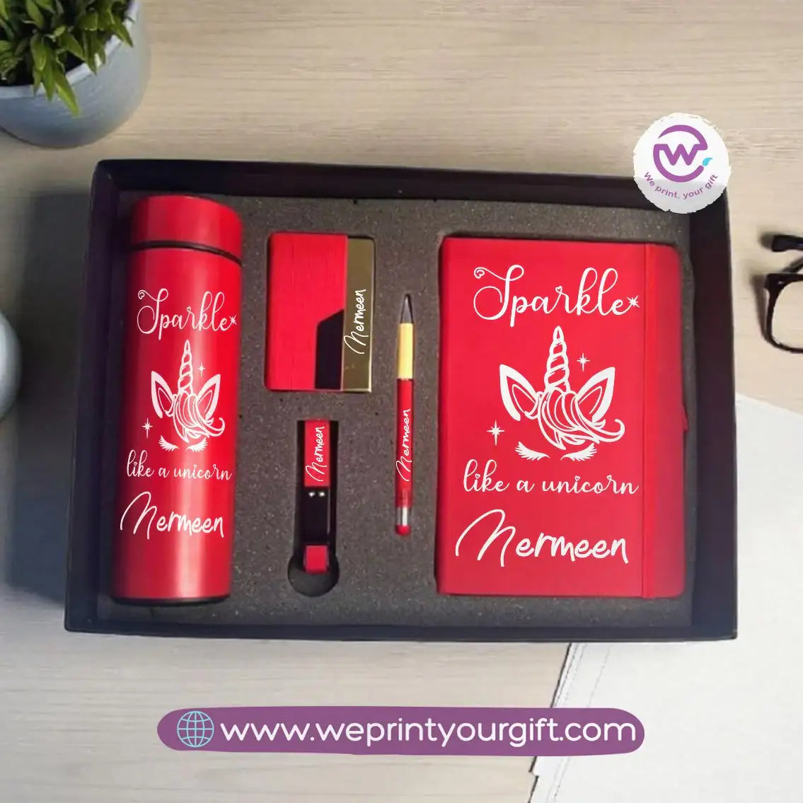 Unicorn Personalized 5-Piece Gift Box – Custom Name Luxury Set with Digital Thermos & Notebook - WE PRINT