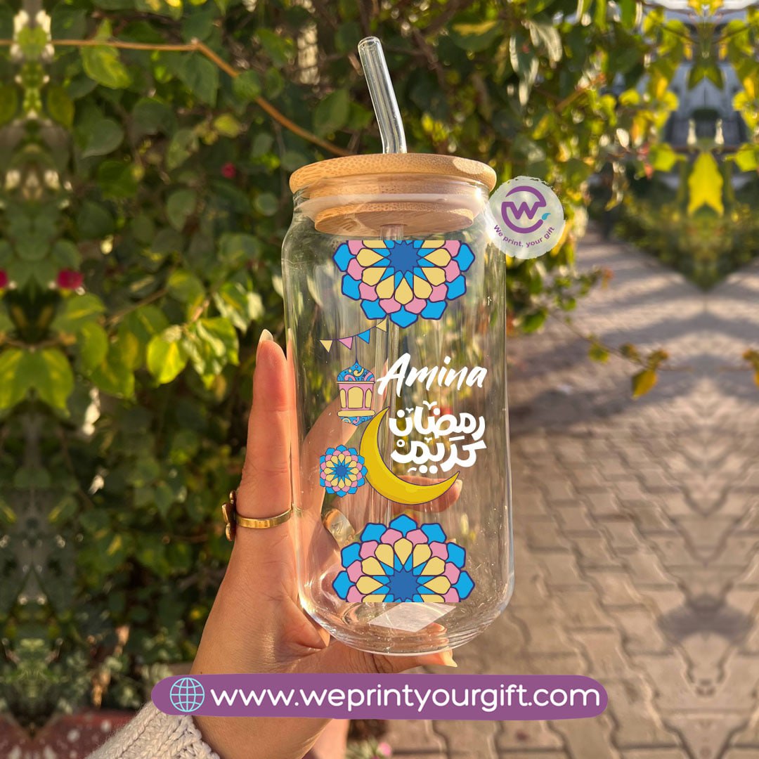 Round Glass Mug with Bamboo Lid & Glass Straw | Ramadan Design