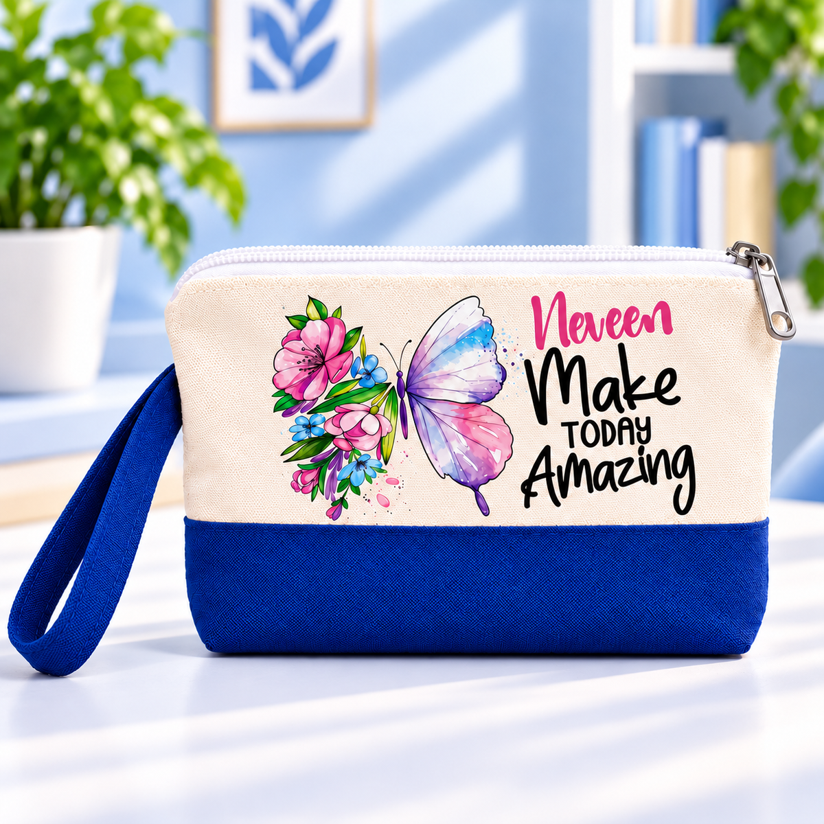 Butterfly Elegance Two-Tone Canvas Pencil Case & Makeup Pouch | With Side Handle