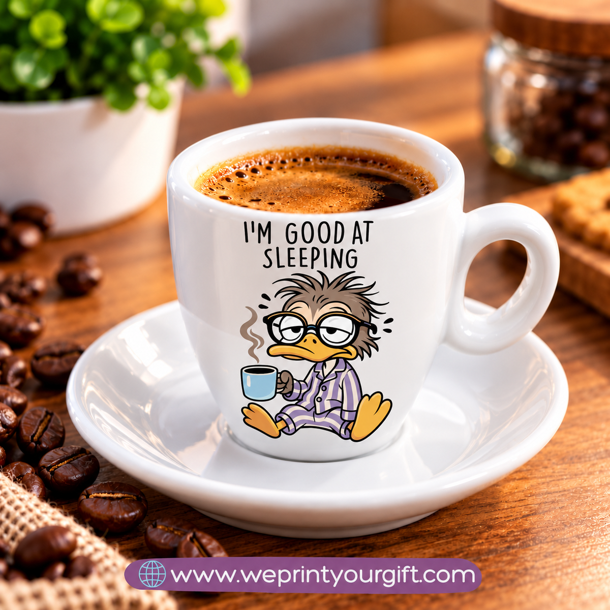 Funny Coffee Lovers Espresso Cups with Saucers – Humorous Coffee Quotes & Designs