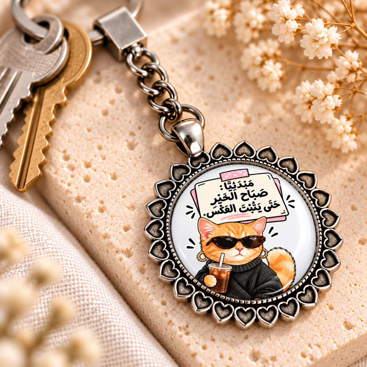 Naughty Cat Comic Glass Dome Keychain | Ornate Heart Border Frame