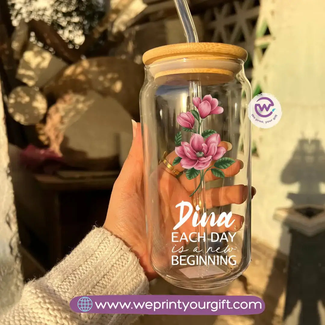 Round Glass Mug with Bamboo Lid & Glass Straw | Floral Motivational Design - WE PRINT