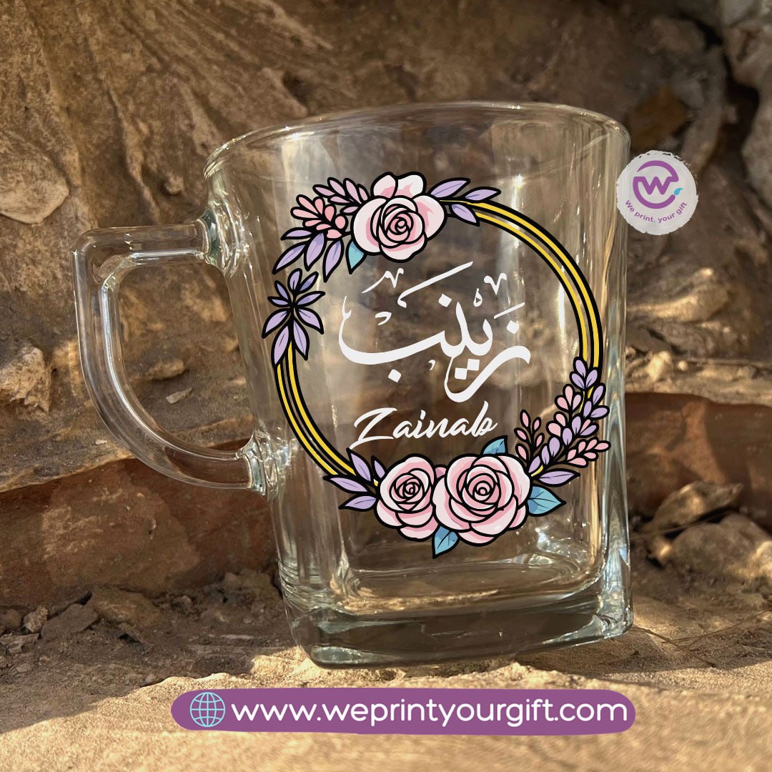كوب شاي زجاجي مزين بالزهور مع اسم مخصص - 300 مل