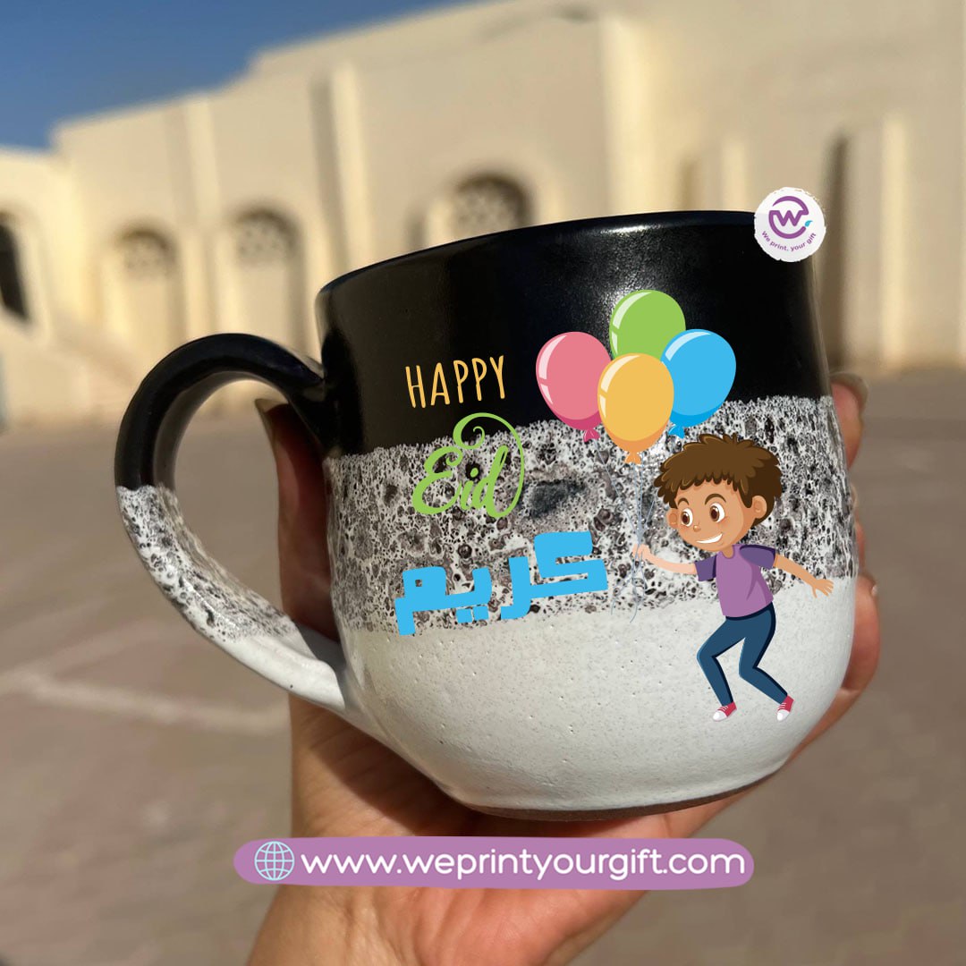 Black & White Handmade Pottery Mug – 350 ml | Eid Al-Fitr & Eid Al-Adha Designs