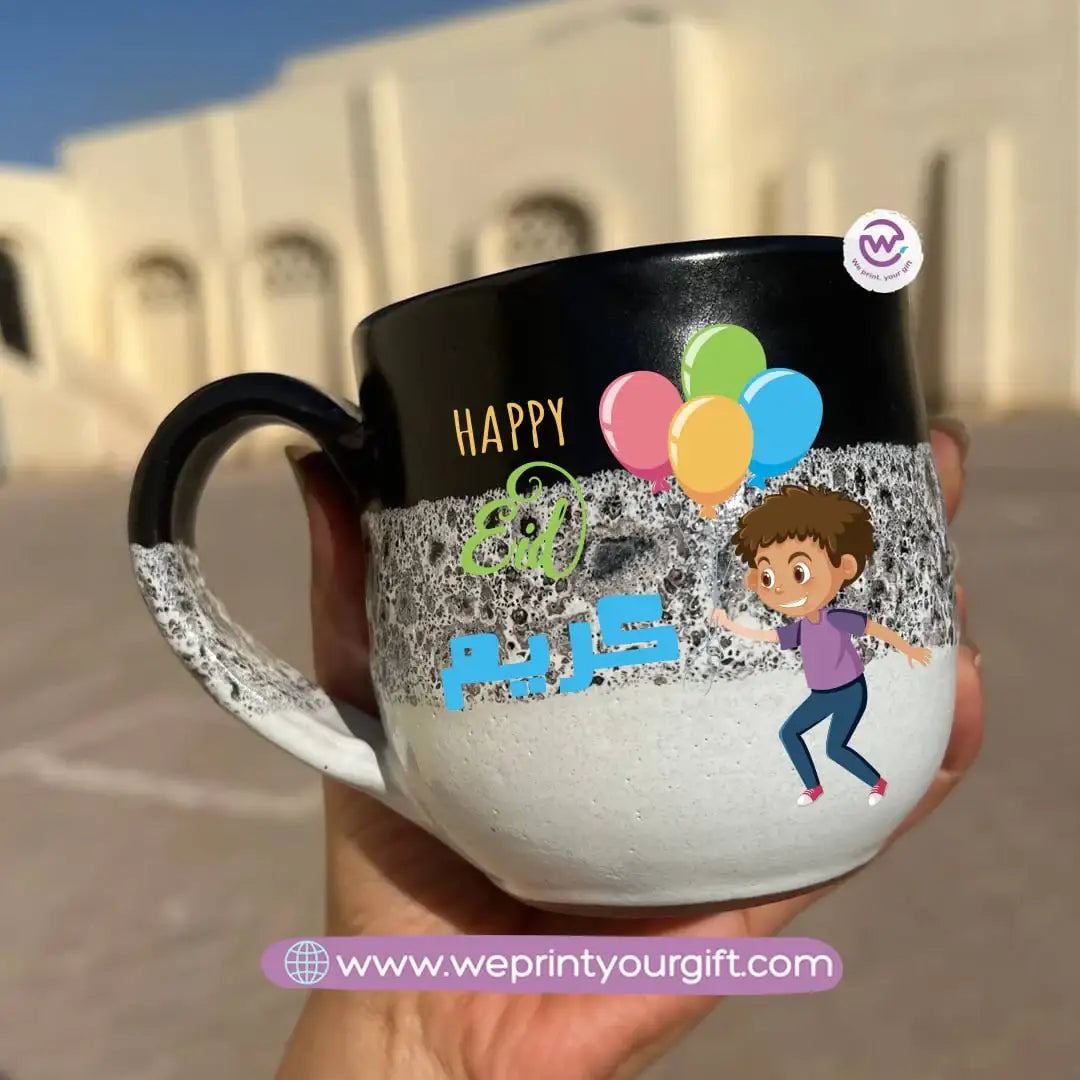 Black & White Handmade Pottery Mug – 350 ml | Eid Al-Fitr & Eid Al-Adha Designs - WE PRINT