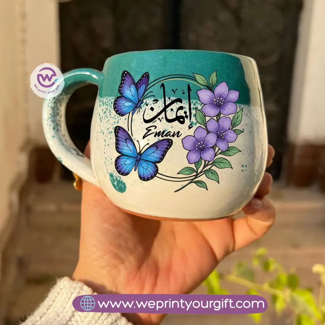 Green & White Handmade Pottery Mug with Floral Name Design - WE PRINT
