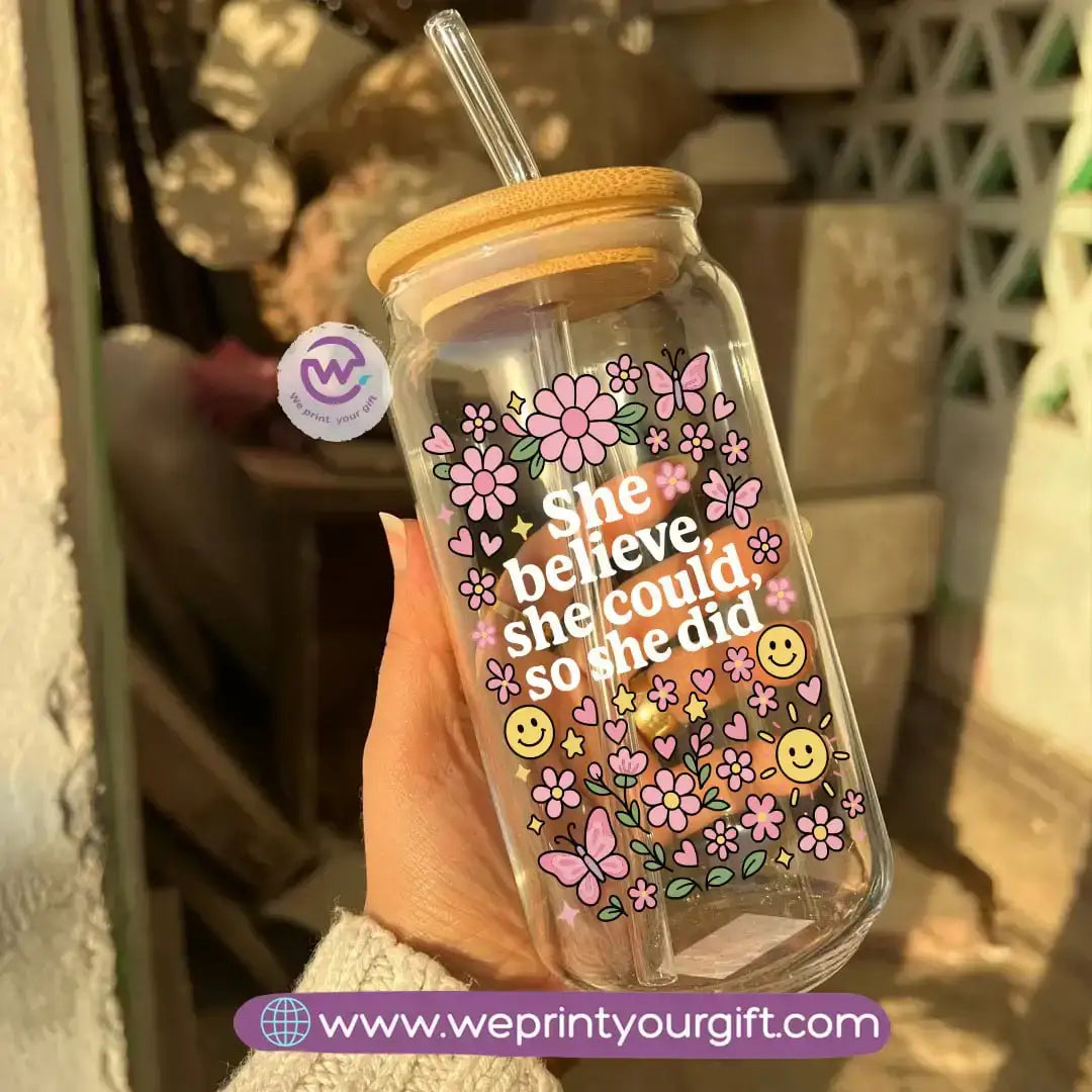 Round Glass Mug with Bamboo Lid & Glass Straw | Motivational Doodle Designs – 400 ml - WE PRINT
