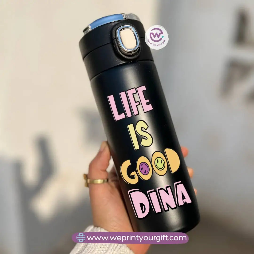 Stainless Steel Thermal Mug with Digital Temperature Display – 420ml Motivational Doodle Art (English Quotes) - WE PRINT
