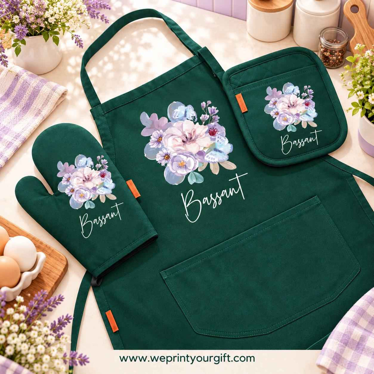 Floral Motivational Quote 3-Piece Kitchen Set (Apron, Oven Mitt & Pot Holder) + Optional Chef Hat, Personalized with Your Name