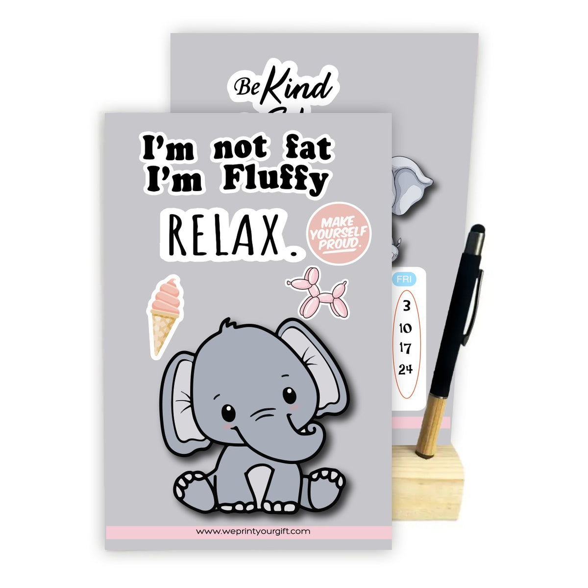 Cute Elephant 2027 Desk Calendar with Wooden Stand & Bamboo Stylus Pen – Inspirational Collection