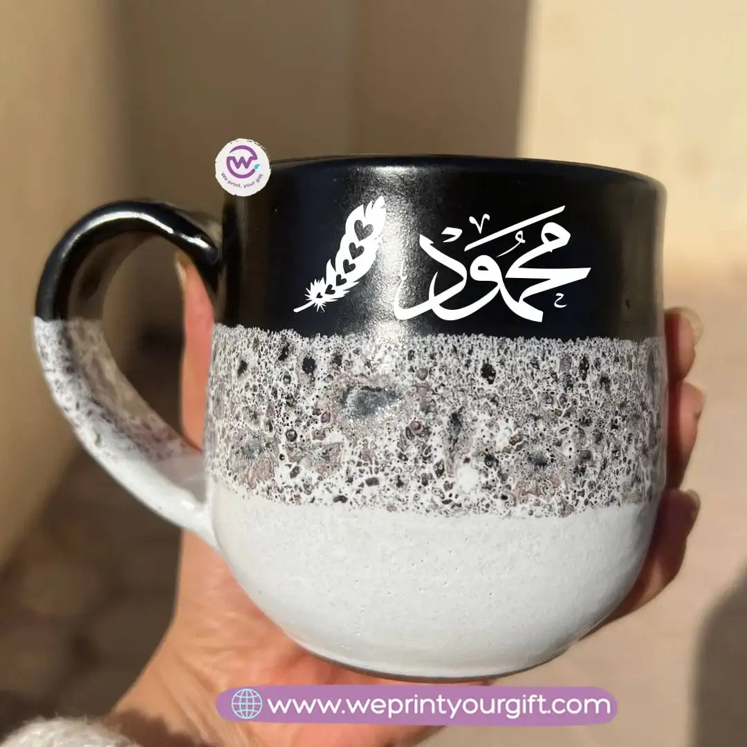 Black & White Handmade Pottery Mug – 350 ml | Arabic Name Line Art Design - WE PRINT