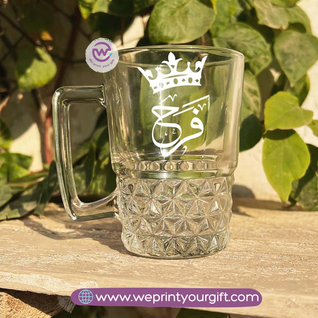 Personalized Clear Crystal Pattern Glass Mug with Arabic Name Typography – 250 ml