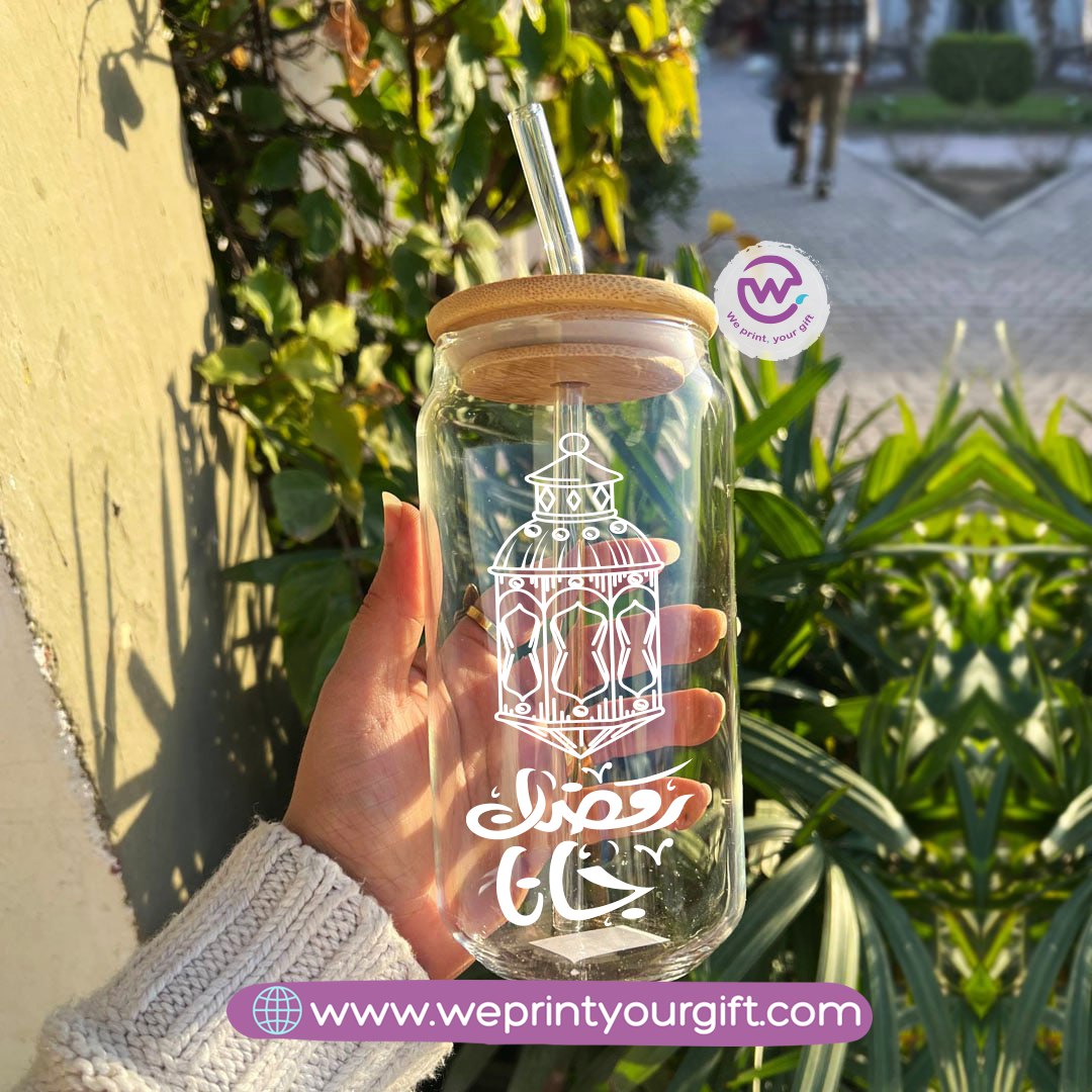 Round Glass Mug with Bamboo Lid & Glass Straw | Ramadan Night Design