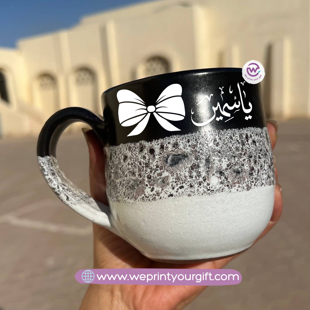 Black & White Handmade Pottery Mug – 350 ml | Arabic Name Line Art Design