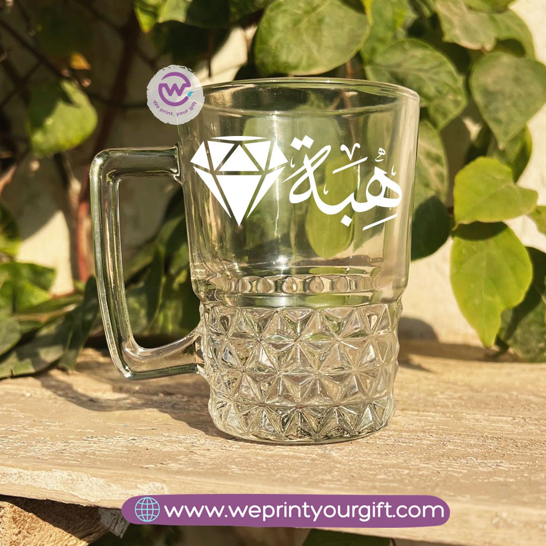 Personalized Clear Crystal Pattern Glass Mug with Arabic Name Typography – 250 ml