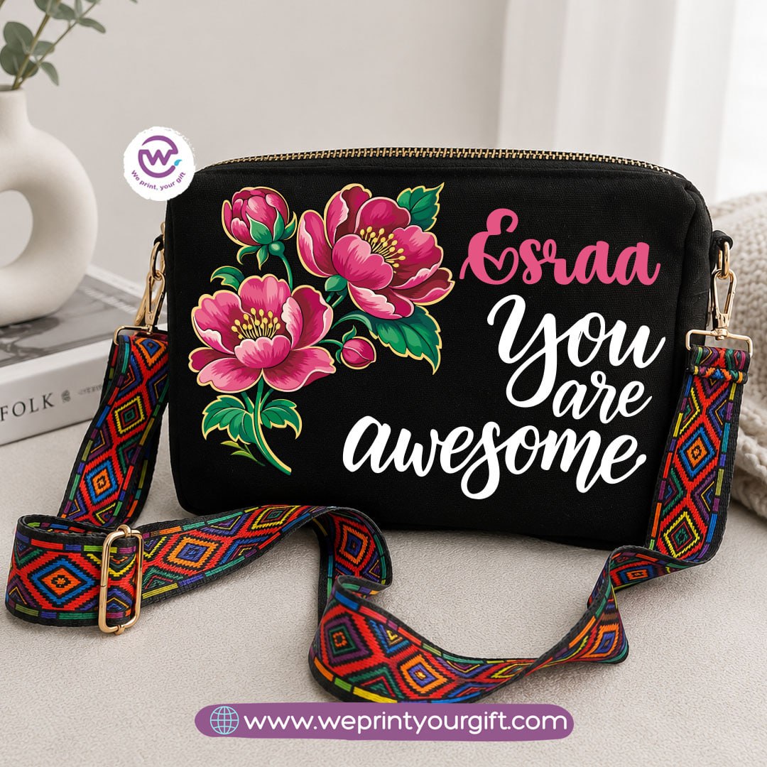 Floral Inspirational Quote Shoulder Bags with Colorful Straps