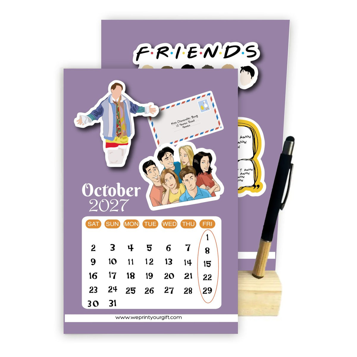 Friends Inspired 2027 Desk Calendar with Wooden Stand & Bamboo Touch Pen – A5 Monthly Calendar