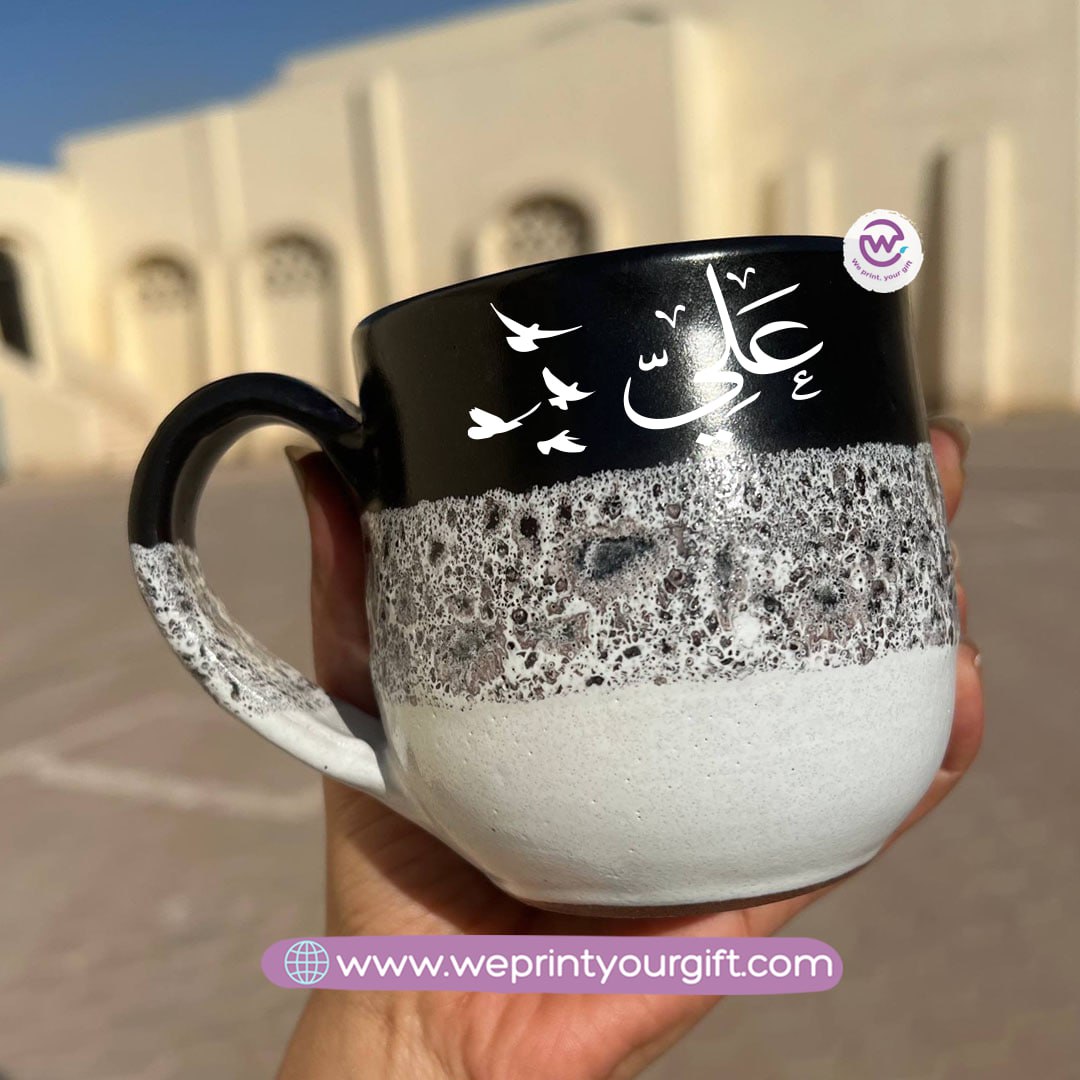 Black & White Handmade Pottery Mug – 350 ml | Arabic Name Line Art Design