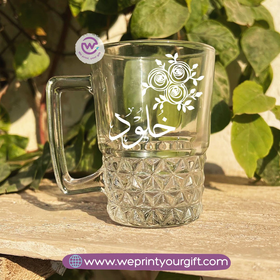 Personalized Clear Crystal Pattern Glass Mug with Arabic Name Typography – 250 ml