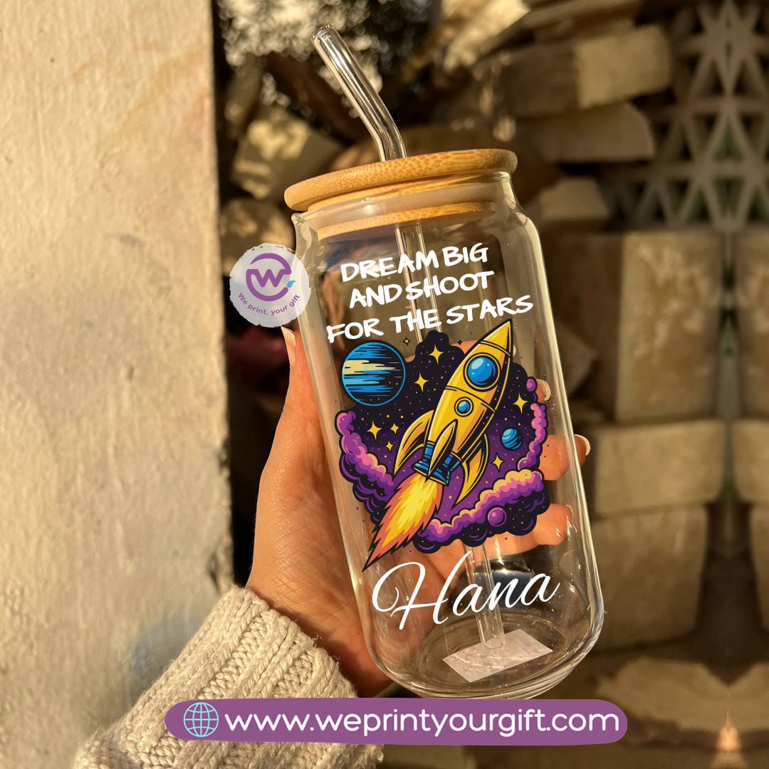 Round Glass Mug with Bamboo Lid & Glass Straw | Digital Art Design – 400 ml