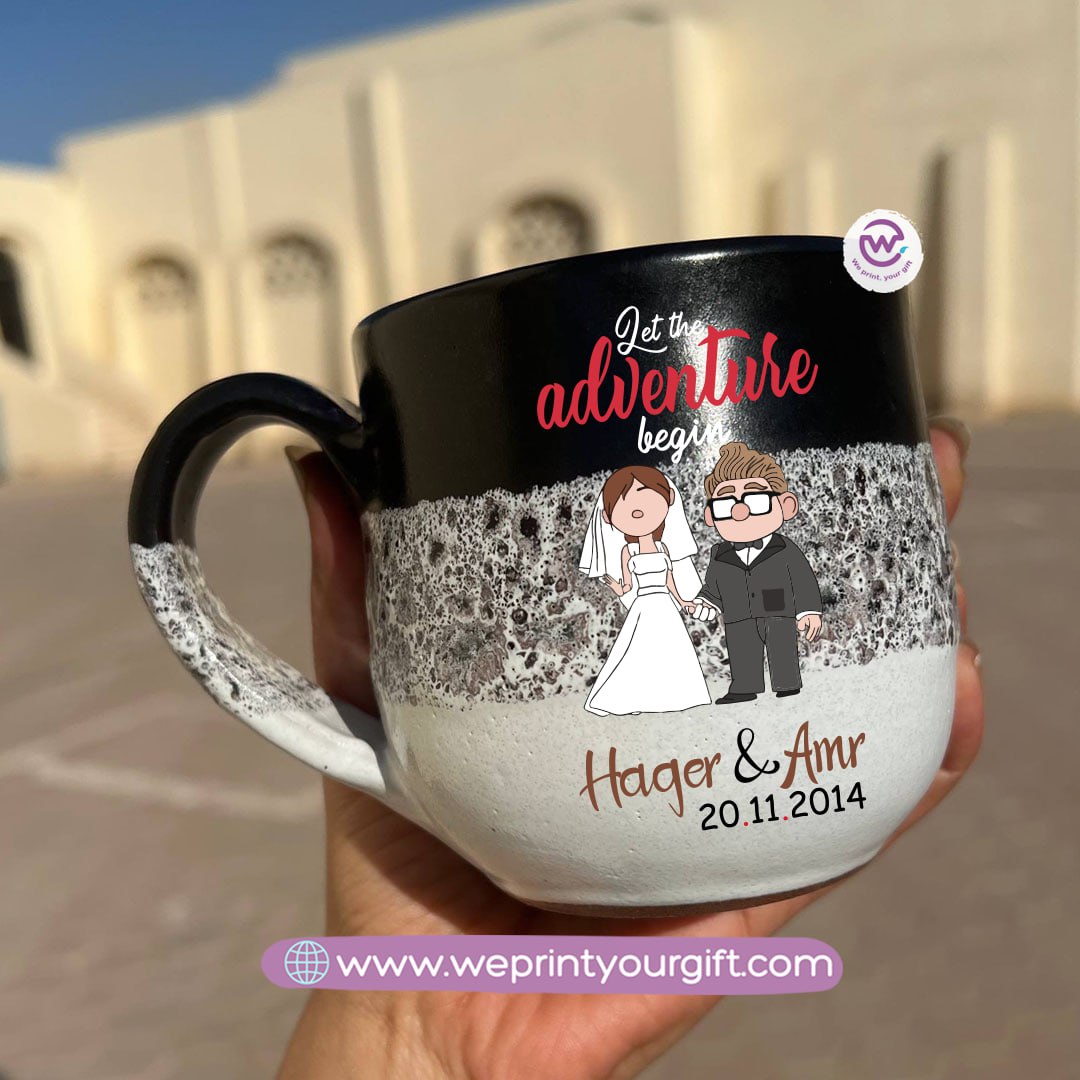Black & White Handmade Pottery Mug – 350 ml | Valentine Up Cartoon Theme