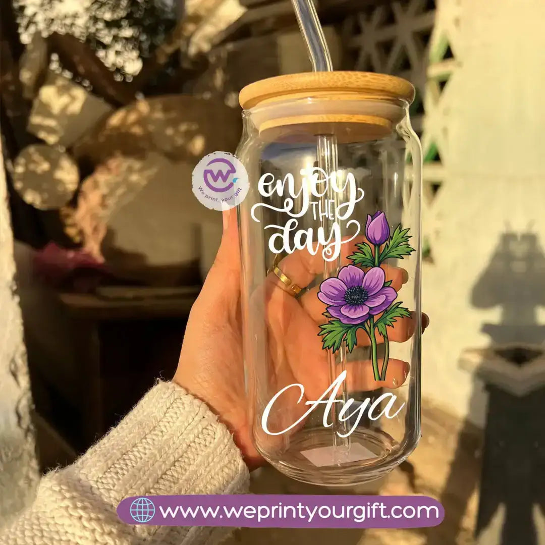 Round Glass Mug with Bamboo Lid & Glass Straw | Digital Art Design – 400 ml - WE PRINT
