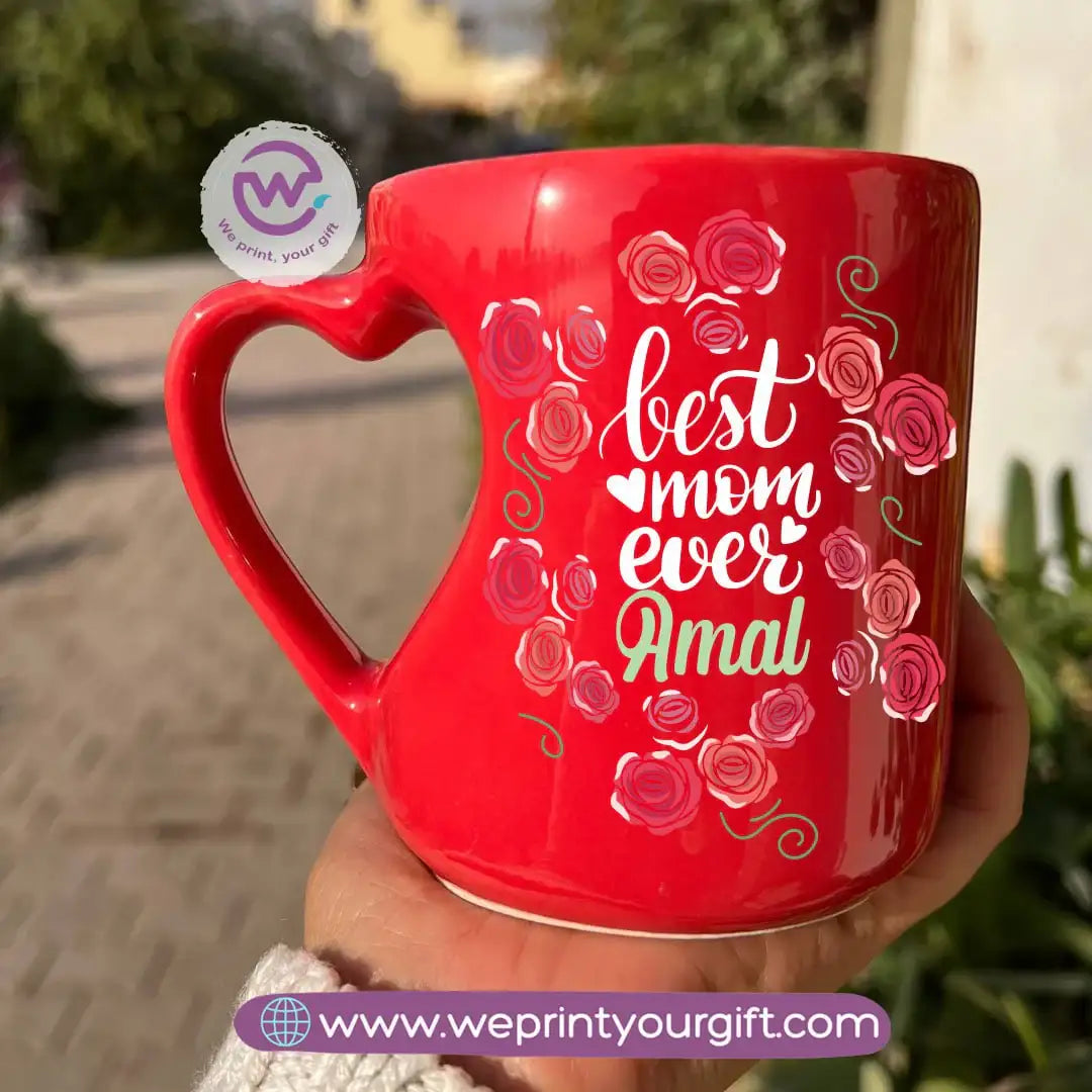 كوب بمقبض على شكل قلب مجوف - 350 مل | تصاميم عيد الأم | طباعة ملصقات بارزة بالأشعة فوق البنفسجية