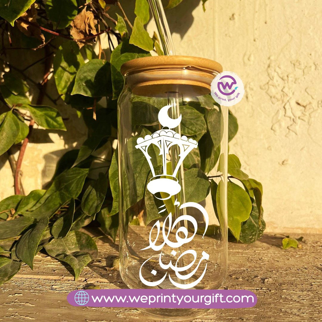 Round Glass Mug with Bamboo Lid & Glass Straw | Ramadan Night Design