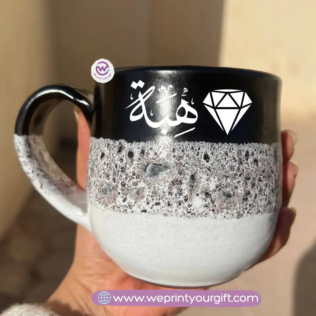 Black & White Handmade Pottery Mug – 350 ml | Arabic Name Line Art Design - WE PRINT