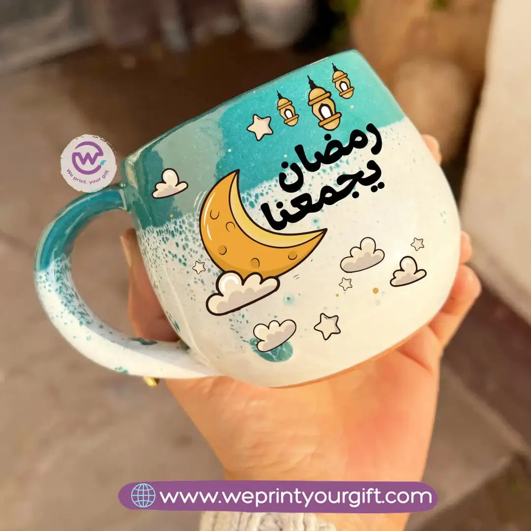 Green & White Handmade Pottery Mug with Ramadan Designs - WE PRINT