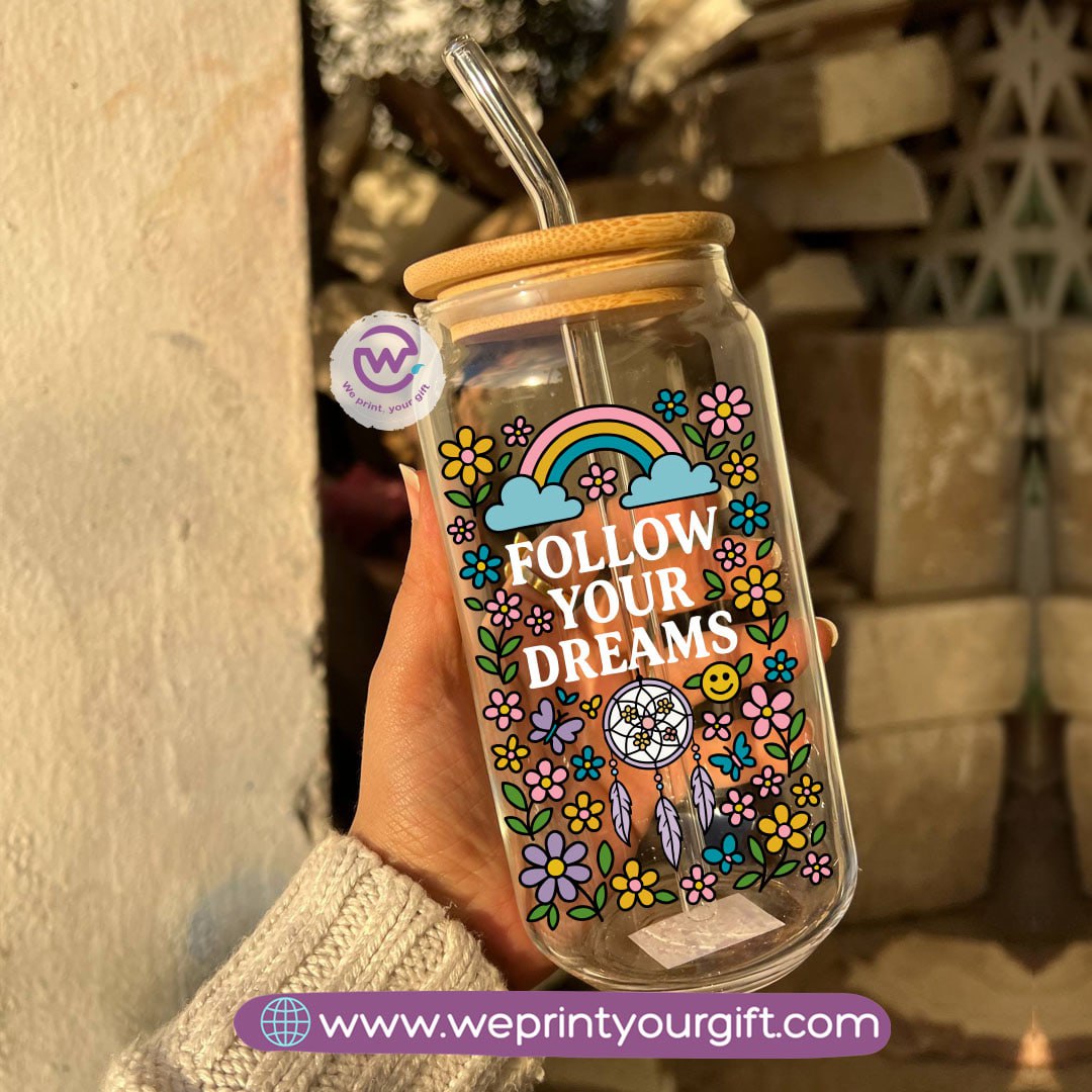 Round Glass Mug with Bamboo Lid & Glass Straw | Motivational Doodle Designs – 400 ml