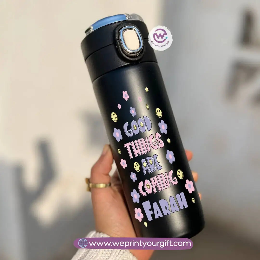 Stainless Steel Thermal Mug with Digital Temperature Display – 420ml Motivational Doodle Art (English Quotes) - WE PRINT