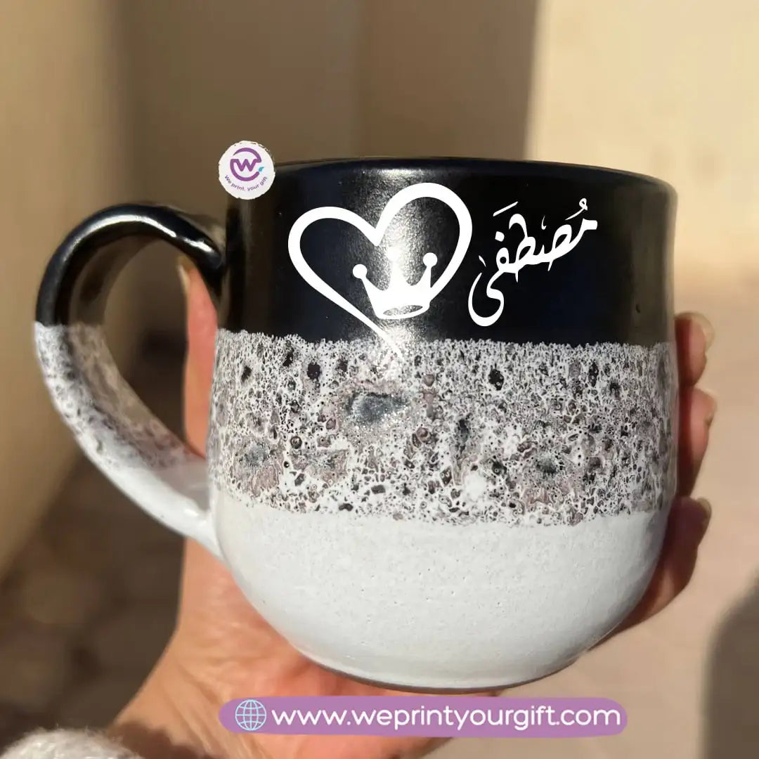 Black & White Handmade Pottery Mug – 350 ml | Arabic Name Line Art Design - WE PRINT