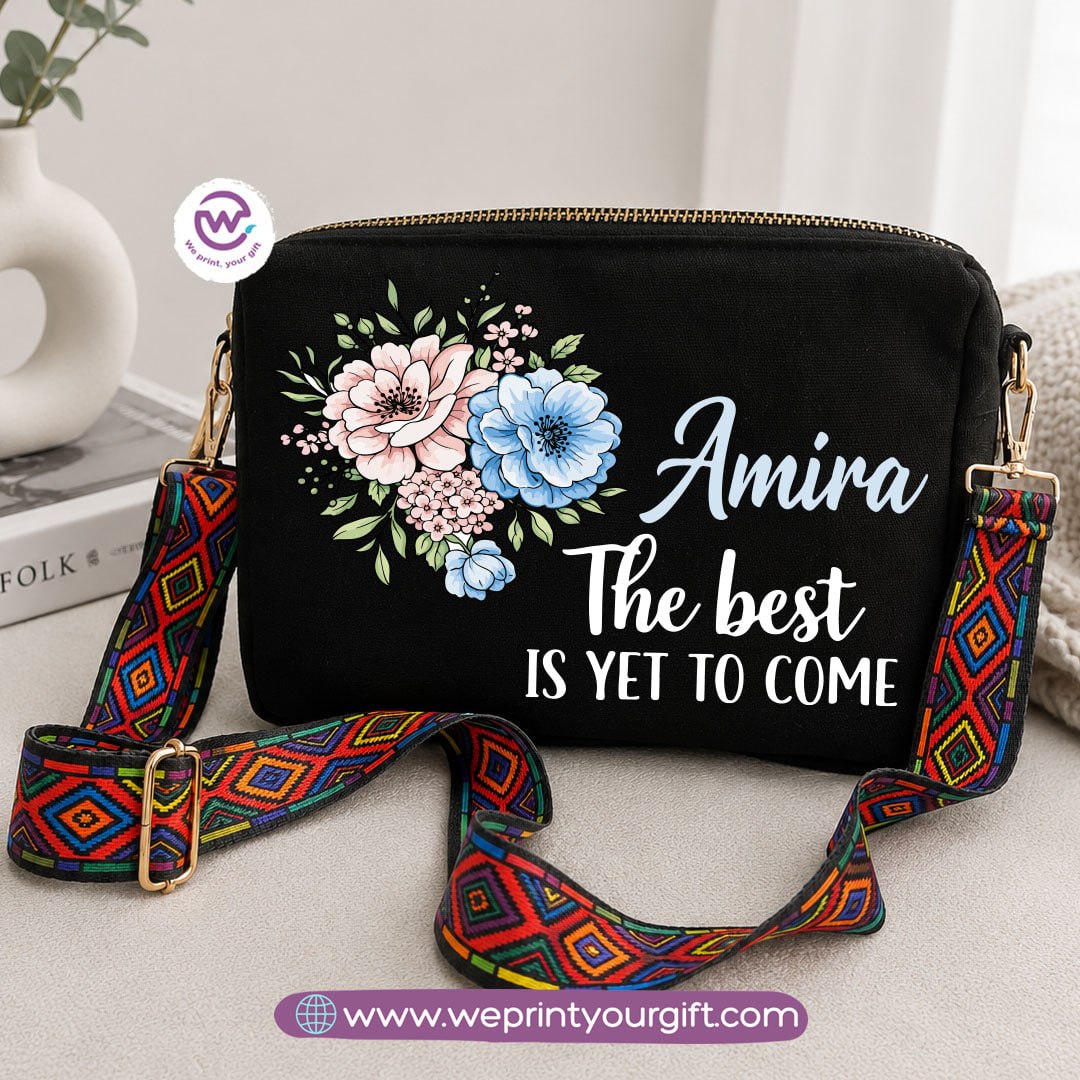 Floral Inspirational Quote Shoulder Bags with Colorful Straps