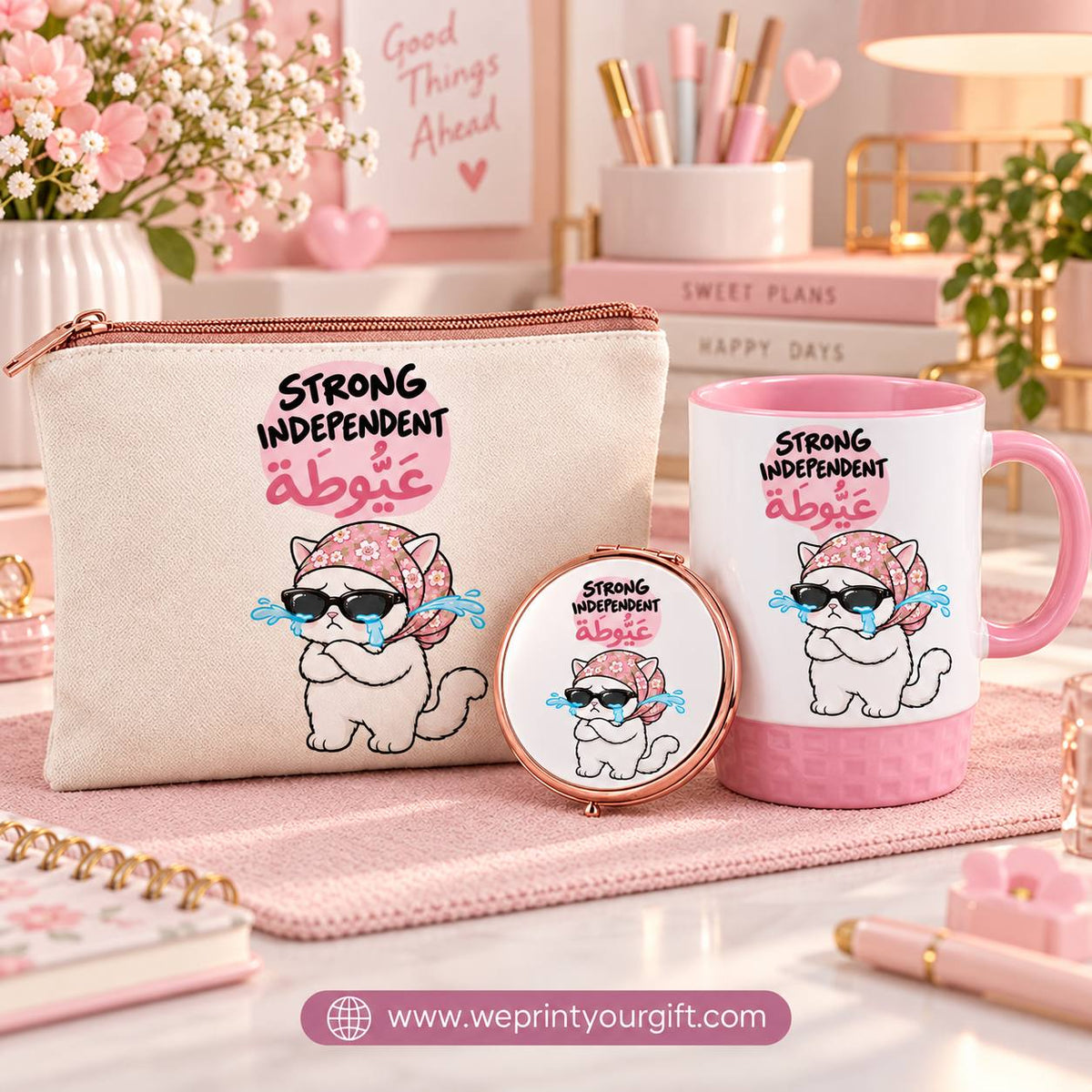 Funny Office Cat Gift Set – Pouch, Compact Mirror & Pink Mug | Work Comic