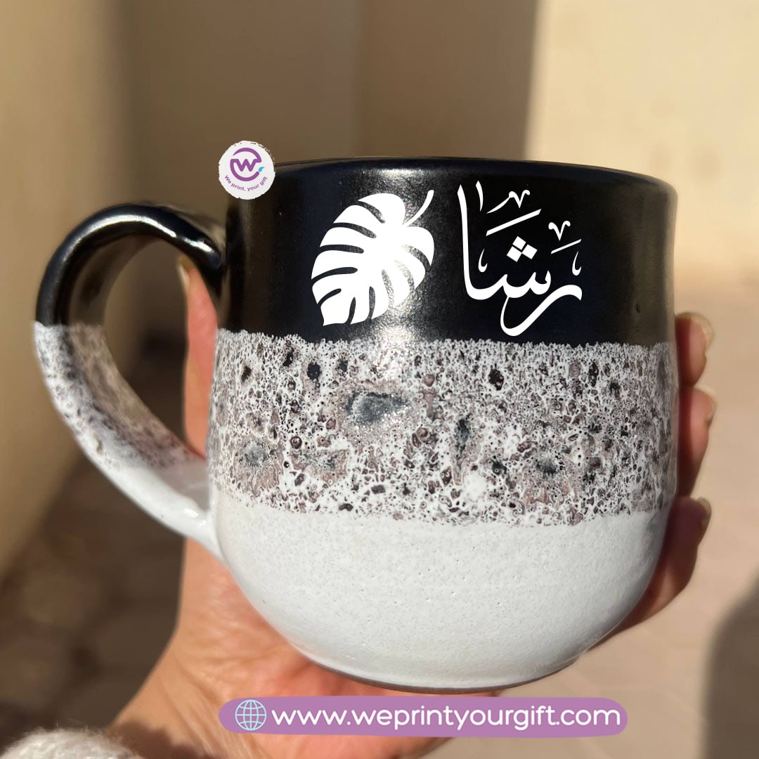 Black & White Handmade Pottery Mug – 350 ml | Arabic Name Line Art Design