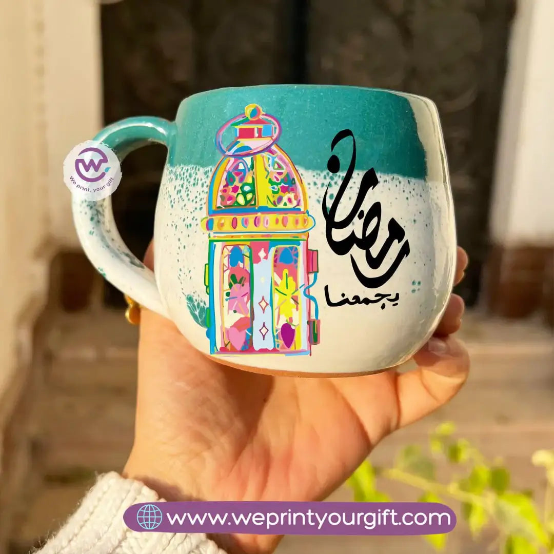 Green & White Handmade Pottery Mug with Ramadan Designs - WE PRINT