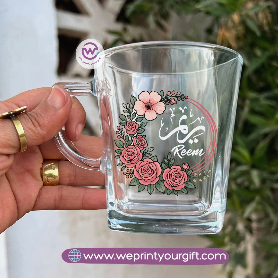 Personalized Floral Name Glass Tea Cup – 300 ml