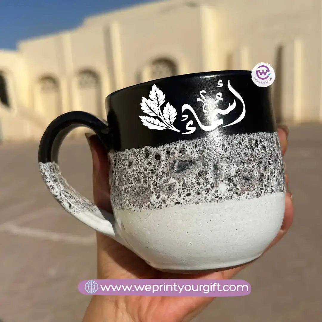 Black & White Handmade Pottery Mug – 350 ml | Arabic Name Line Art Design - WE PRINT