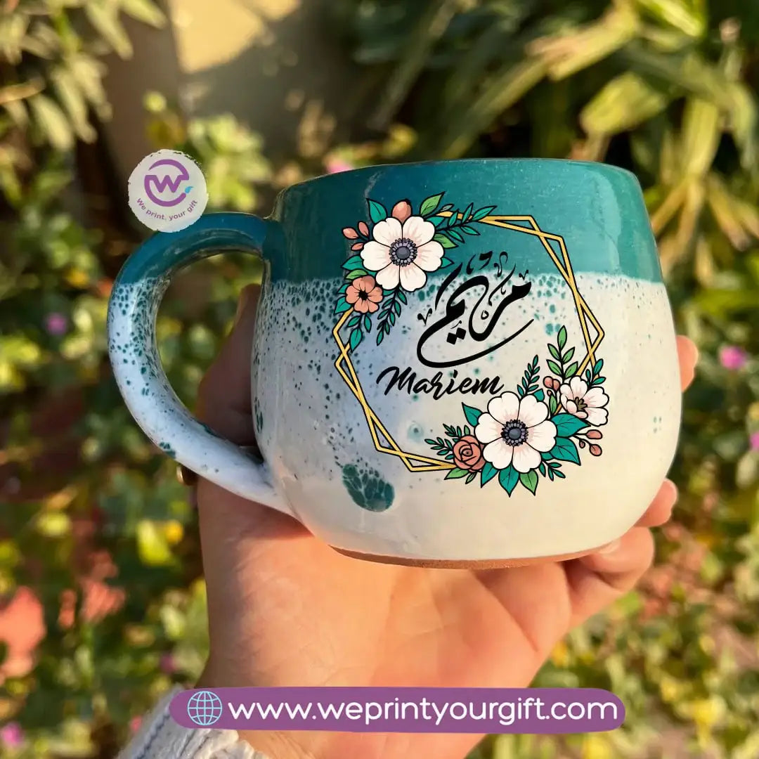 Green & White Handmade Pottery Mug with Floral Name Design - WE PRINT
