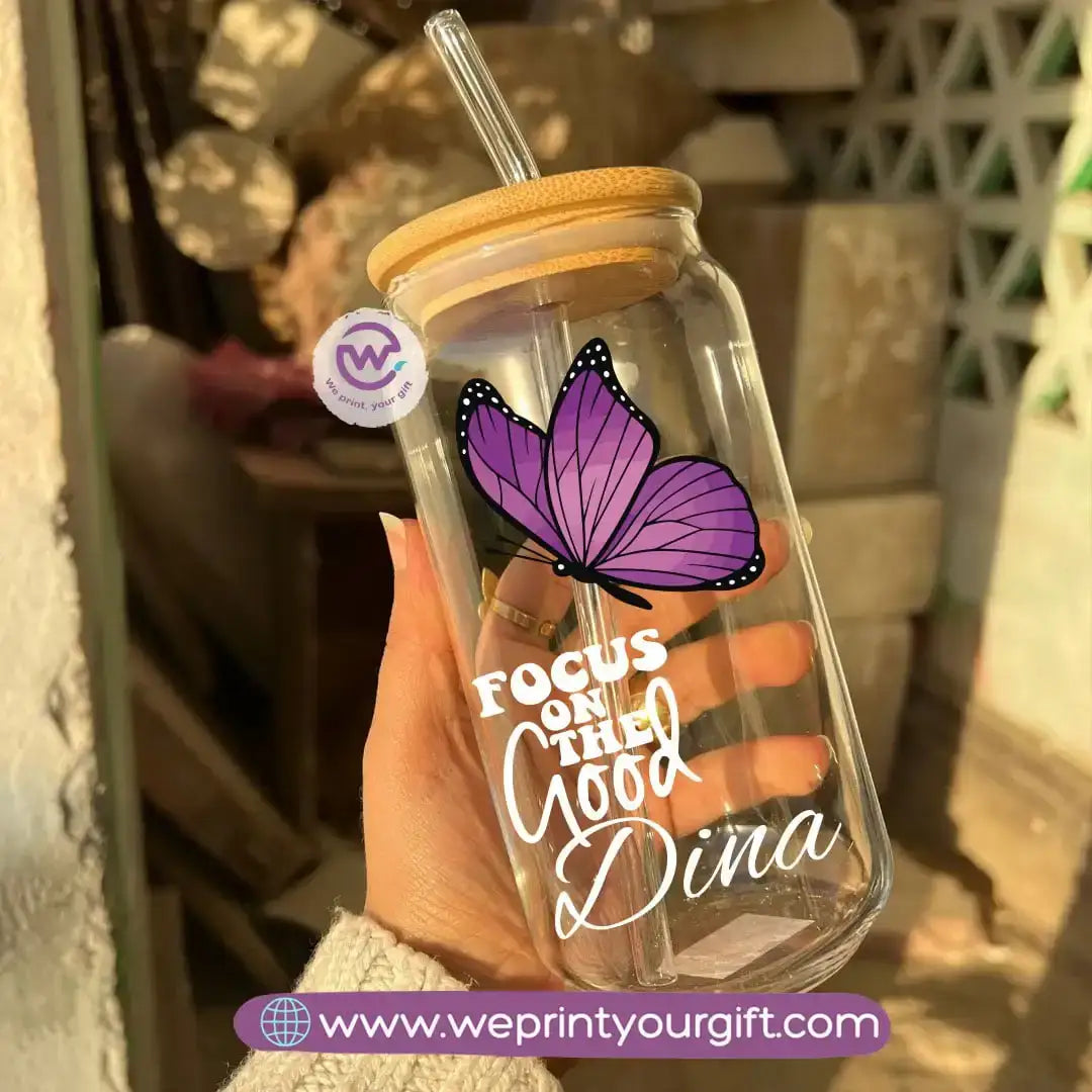 Round Glass Mug with Bamboo Lid & Glass Straw | Digital Art Design – 400 ml - WE PRINT